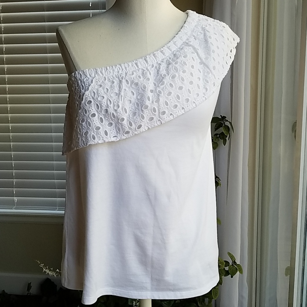 LOFT Petite White Eyelet One Shoulder Top